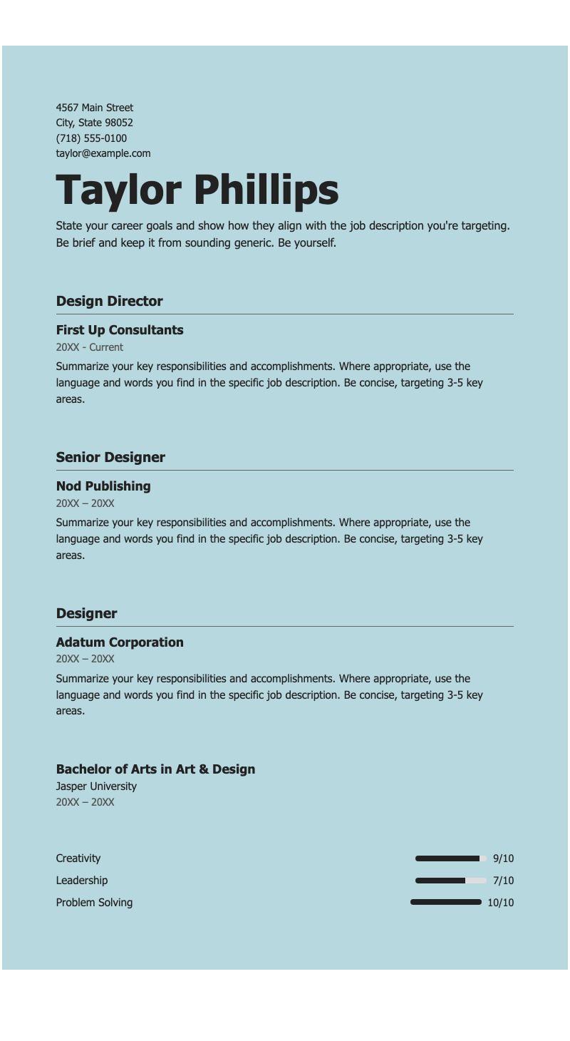 Clean elegant resume - Modern design resume for creative professionals highlighting career progression and visual skill bars.